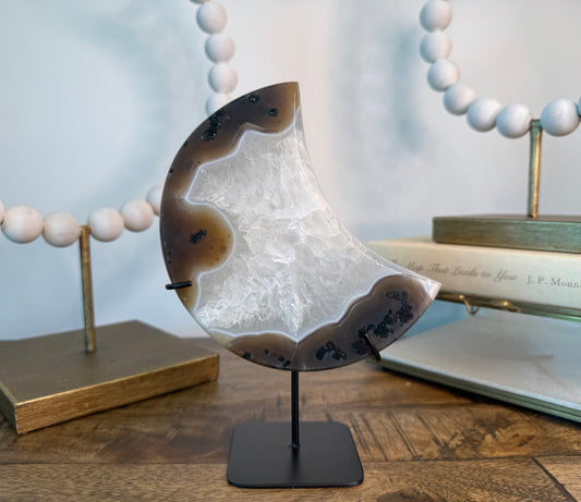 Clear Quartz and Moss Agate Moon Sculpture