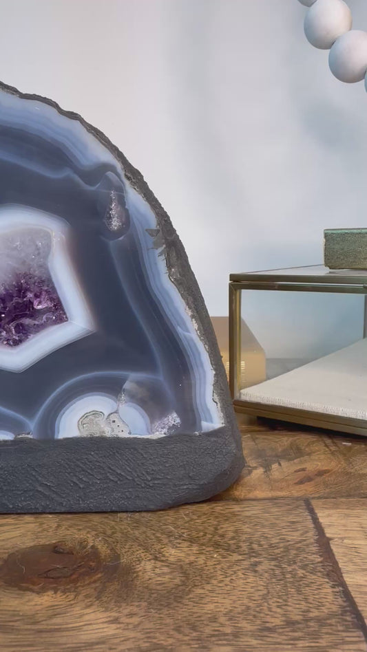 Blue and White Banded Agate Cathedral with Amethyst Center