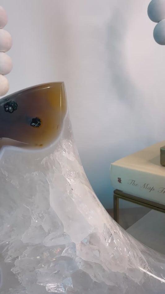 Clear Quartz and Moss Agate Moon Sculpture