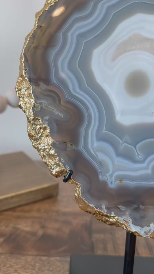 Natural Banded Agate Slab with Gold Electroplating